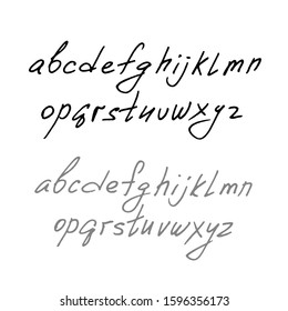 Handwritten ABC. Modern ink font. Small letters. Lowecase alphabet. Slanted sans serif. Alternative letterforms set