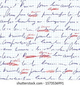 Handwritten abstract text with mistakes and misprints seamless pattern, vector monochrome script background, scribbles and blots in another group