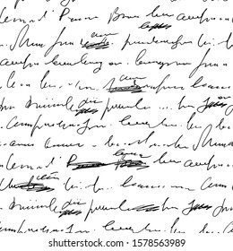 Handwritten abstract text with mistakes and misprints seamless pattern, vector monochrome script background, scribbles and blots in another group
