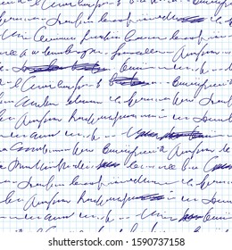 Handwritten abstract text with mistakes and misprints seamless pattern, vector monochrome script background, with scribbles and blots