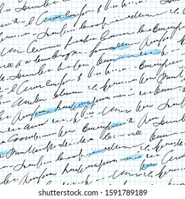 Handwritten abstract text with mistakes and misprints seamless pattern, vector monochrome script background, with scribbles and blots