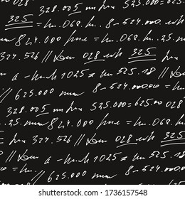 Handwritten abstract text and numbers vector seamless pattern, vector monochrome script isolated on blackboard background, mathematics and accounting backdrop