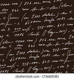 Handwritten abstract text and numbers vector seamless pattern, vector monochrome script isolated on blackboard background, mathematics and accounting backdrop