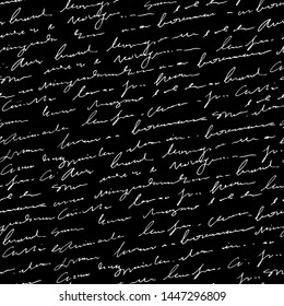 Handwritten abstract text seamless pattern, blackboard, vector black and white script background