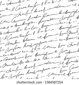 Handwritten abstract text seamless pattern, vector monochrome cursive script background