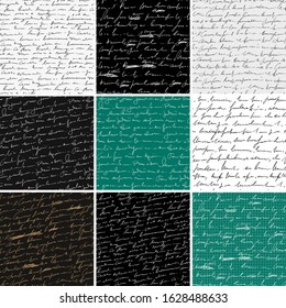 Handwritten abstract text seamless patterns set, school university blackboards, some text with mistakes and misprints, vector monochrome script background, education illustration