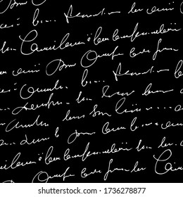 Handwritten abstract text vector seamless pattern, vector monochrome script isolated on blackboard background