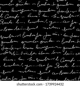 Handwritten abstract text vector seamless pattern, vector monochrome script isolated on black chalk board background