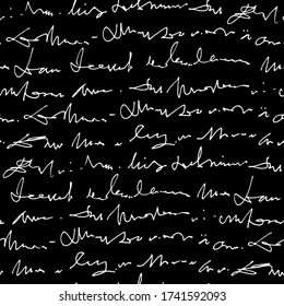 Handwritten abstract text vector seamless pattern, vector monochrome script isolated on white background