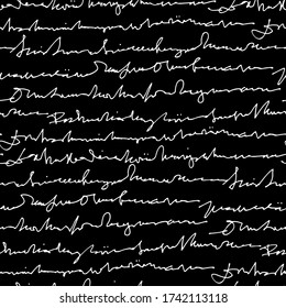 Vector de texto abstracto manuscrito patrón sin fisuras, script monocromo vectorial aislado en el fondo de la pizarra negra