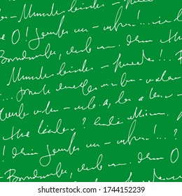 Handwritten abstract text vector seamless pattern, vector monochrome script isolated on green chalk board background