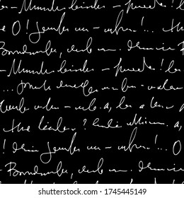 Handwritten abstract text vector seamless pattern, vector monochrome script isolated on black chalk board background