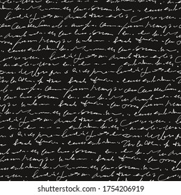 Handwritten abstract text vector seamless pattern, monochrome script isolated on black chalk board background