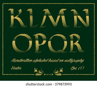 Handwritten alphabet based on calligraphy. Font decorated by gold glittering confetti. Part II.