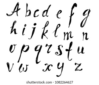 Handwritten  alphabet in black color isolated on white. Vector font. Black sketch font for poster. Lettering design for print, postcard, banner, invitation, sticker