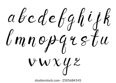 Handwritten alphabet letters in cursive style. Text in modern flair. Hand drawn lettering style, calligraphy. Vector illustration isolated on white background