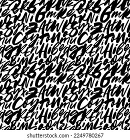 Handwritten alphabet letters seamless pattern. Brush drawn vector unreadable text. Lowercase and uppercase letters. Black and white abstract typography background. Modern brush calligraphy.