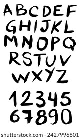 Handwritten alphabet with marker pen brush vector. 26 letters a to z and numbers, 0 to 9. Hand drawn, graphic resource, layout, design, social media. Complete font set collection.