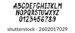 Handwritten alphabet with numbers, brush stroke typography. Sketch black ink design header uppercase letters. Font with organic texture. Black vector illustration on a white background.