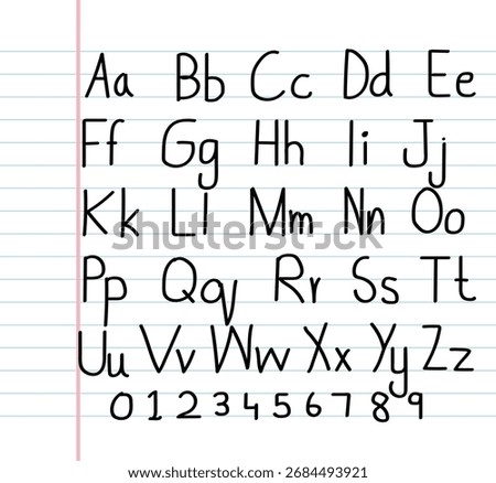 Handwritten alphabet and numbers on lined notebook paper, playful school style font with uppercase and lowercase letters, perfect for education, teaching, learning, and kids design projects