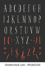 Handwritten alphabet typeset lettering. Calligraphy letters set. Letters and symbols on a black background