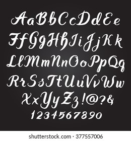 Handwritten alphabet vector font. Hand drawn brush script letters on black background. Stock vector lettering typography