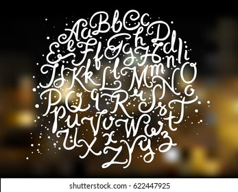 Handwritten alphabet vector font. Hand drawn brush script letters on the blurred city background. Stock vector lettering typography