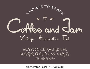 Handwritten alphabet. Vintage, Original Font, Letters, Numbers, and Symbols for design of the coffee shop and menu.Coffee restaurant brochure vector. Vector cafe template with hand-drawn graphic.