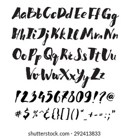 Handwritten alphabet written with brush pen. ABC poster. Calligraphic alphabet  poster. Letters, numbers and punctuation marks. Full version. 