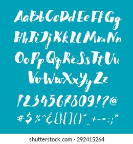 Handwritten alphabet written with brush pen. ABC poster. Calligraphic alphabet  poster. Letters, numbers and punctuation marks. Full version. 