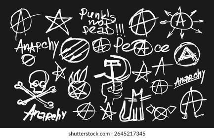 Handwritten anarchy icons and inscriptions in white chalk on black background. Doodles and squiggles. Vector set