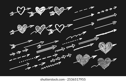 Handwritten arrows and hearts pierced by an arrow. Doodles and squiggles. 33 white objects on a black background. Vector set