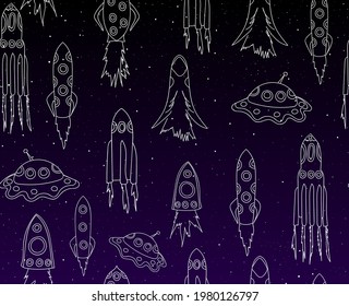 Handwritten astronomical vector seamless pattern with rockets, various space shuttles