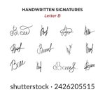 Handwritten Autographs Fictitious set with letter B. Personal contract signature scribble for business certificate or note. Fake hand drawn design. Vector doodle isolated illustration 1 of 26.