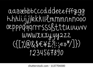 Handwritten awkward and childish school naive linear script font, monoline calligraphic font, personal lettering, signage typography, english alphabet, lowercase letters, punctuation and symbols
