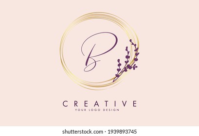 Handwritten B Letter logo design with golden circles and white leaves on branches. Vector Illustration with B letter for personal branding, corporate, business, eco friendly or natural products. 