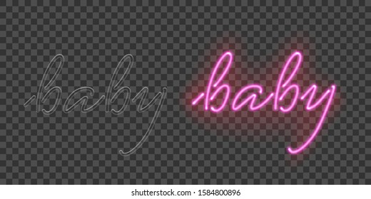 Handwritten baby lettering on transparent black banner. Neon shining and extinguished pair words. Logo, emblem template. Bright signboard. Childbirth celebration and greeting. Vector illustration