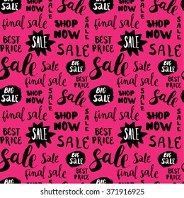 Handwritten backdrop for sales and clearance. Clearance background with script calligraphy text. Hand drawn sale shopping seamless pattern. 