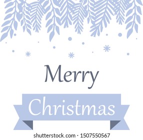 Handwritten banner merry christmas, with cute blue leafy flower frame. Vector