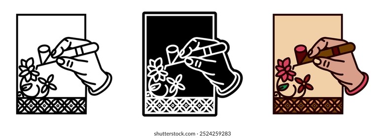 Handgeschriebenes Batik Icon, Ein Batik-Stoff, der nach der traditionellen "tulis"-Methode hergestellt wurde, bei der Designs vor dem Färben sorgfältig mit Wachs handgezeichnet werden.