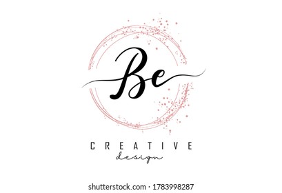 Handwritten BE B E letters logo with dust pink sparkling circles and glitter. Decorative shiny vector illustration with B and E letters.
