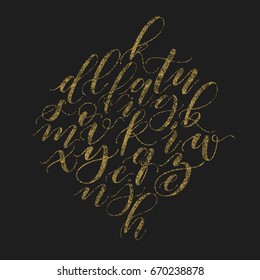 Handwritten beautiful elegant vector golden glitter calligraphy alphabet. Bush font lower cases cursive script on black background.