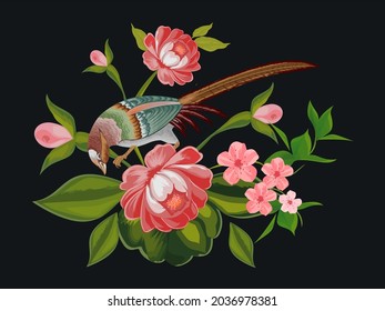 Handwritten bird and flower design. Illustration vector