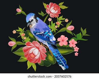 Handwritten bird and flower design. Illustration vector