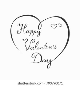 Handwritten black calligraphy text Happy Valentines Day lettering with heart on white background, Vector illustration.