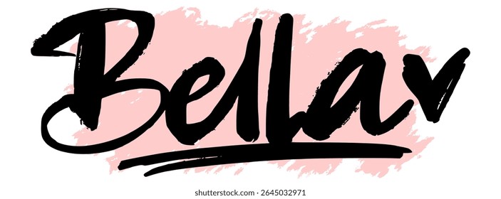 Handwritten black graffiti name “Bella” on pink splatter background. Feminine and trendy tag design for urban streetwear, digital stickers, or stylish graffiti artwork.