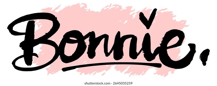 Handwritten black graffiti name “Bonnie” on pink splatter background. Feminine and urban-style tag design perfect for streetwear, stickers, and modern digital art.