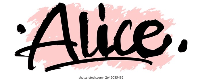 Grafite preto manuscrito nome "Alice" no fundo de splatter rosa. Elegante nome para design urbano, feminino ou moderno, perfeito para adesivos, roupas ou impressões.
