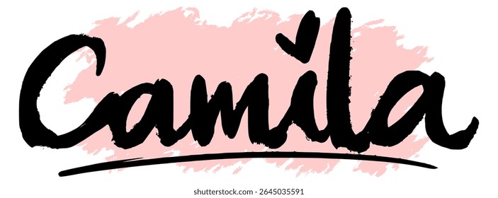Handwritten black graffiti name “Camila” on pink splatter background. Stylish lettering for urban, girly, or trendy design, perfect for digital prints, stickers, or fashion.