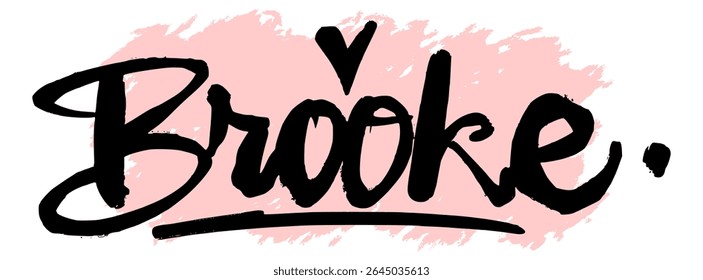 Handwritten black graffiti name “Brooke” on pink splatter background. Cool and stylish feminine name design for urban fashion, stickers, and digital graffiti art.
